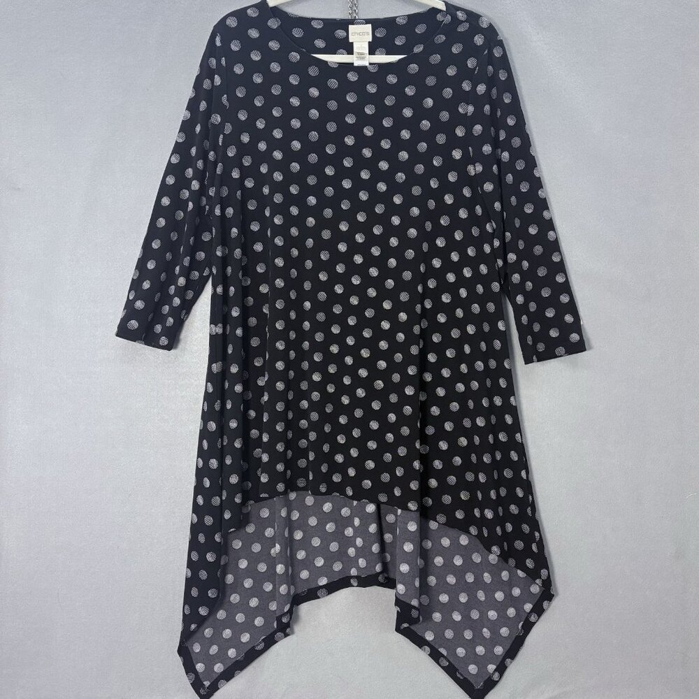CHICO'S SZ 1(Med-Large)Pullover Tunic Top 3/4 Sleeve Black White Polk Dot Artsy - Picture 2 of 14